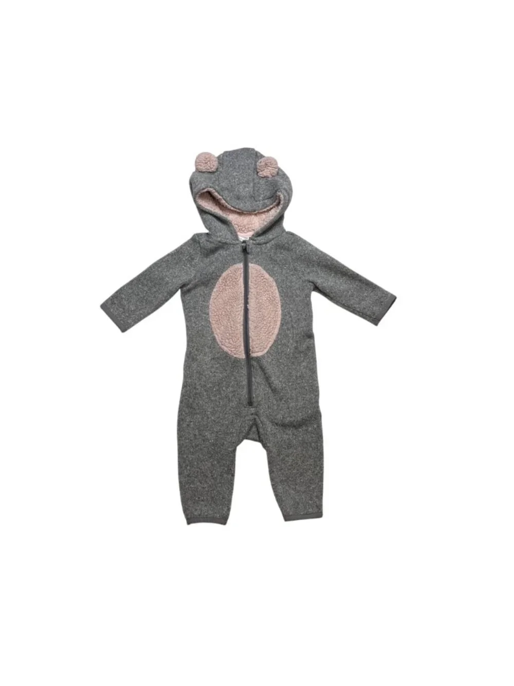 Old Navy Baby Bear Critter Hooded Fleece Zip-Up Bodysuit 6-12 Months Gray & Pink